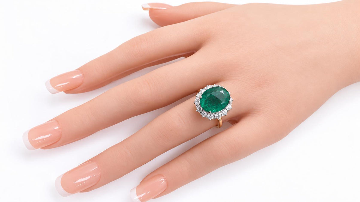 4.12ct Natural Emerald & Diamond Halo Ring 14K Gold 95577