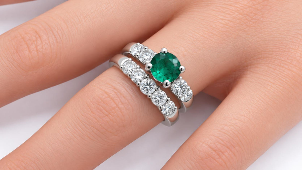 0.88ct Natural Emerald & 0.90ct Diamond Ring and Band Set 14K White Gold 95580