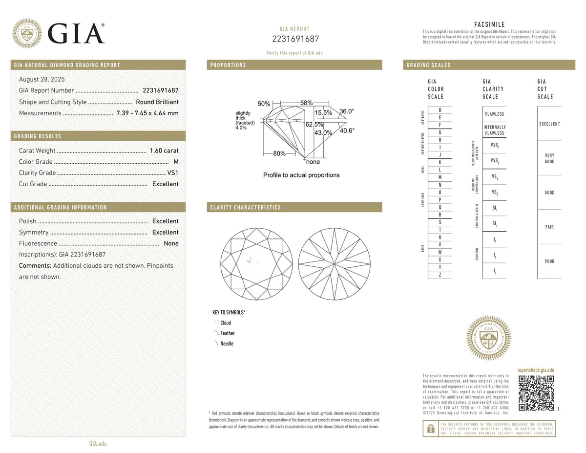 GIA Certified Natural 1.60CT Diamond Solitaire Ring 18KT Gold 95563