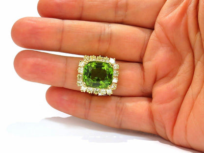 GIA 15.25ct NATURAL VIVID GREEN CUSHION PERIDOT DIAMOND RING COCKTAIL *v