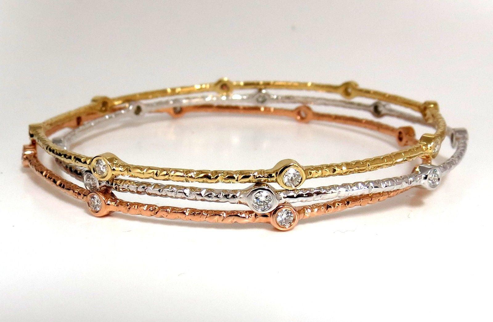 2.30ct (3) NATURAL DIAMONDS BANGLE BRACELETS 3D HAMMER FINISH DECO 14KT**