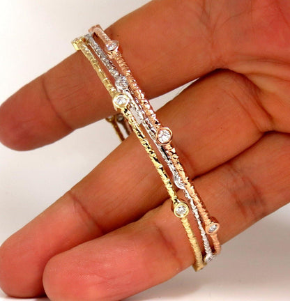 2.30ct (3) NATURAL DIAMONDS BANGLE BRACELETS 3D HAMMER FINISH DECO 14KT**
