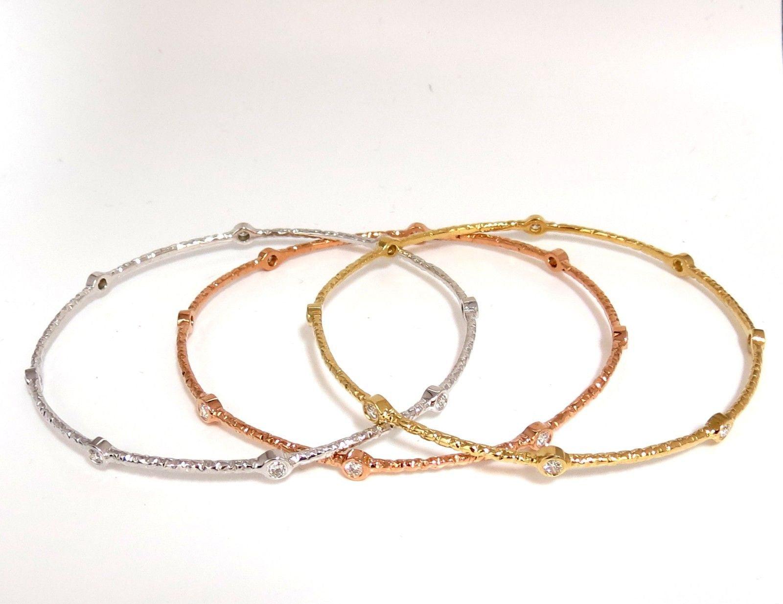 2.30ct (3) NATURAL DIAMONDS BANGLE BRACELETS 3D HAMMER FINISH DECO 14KT**