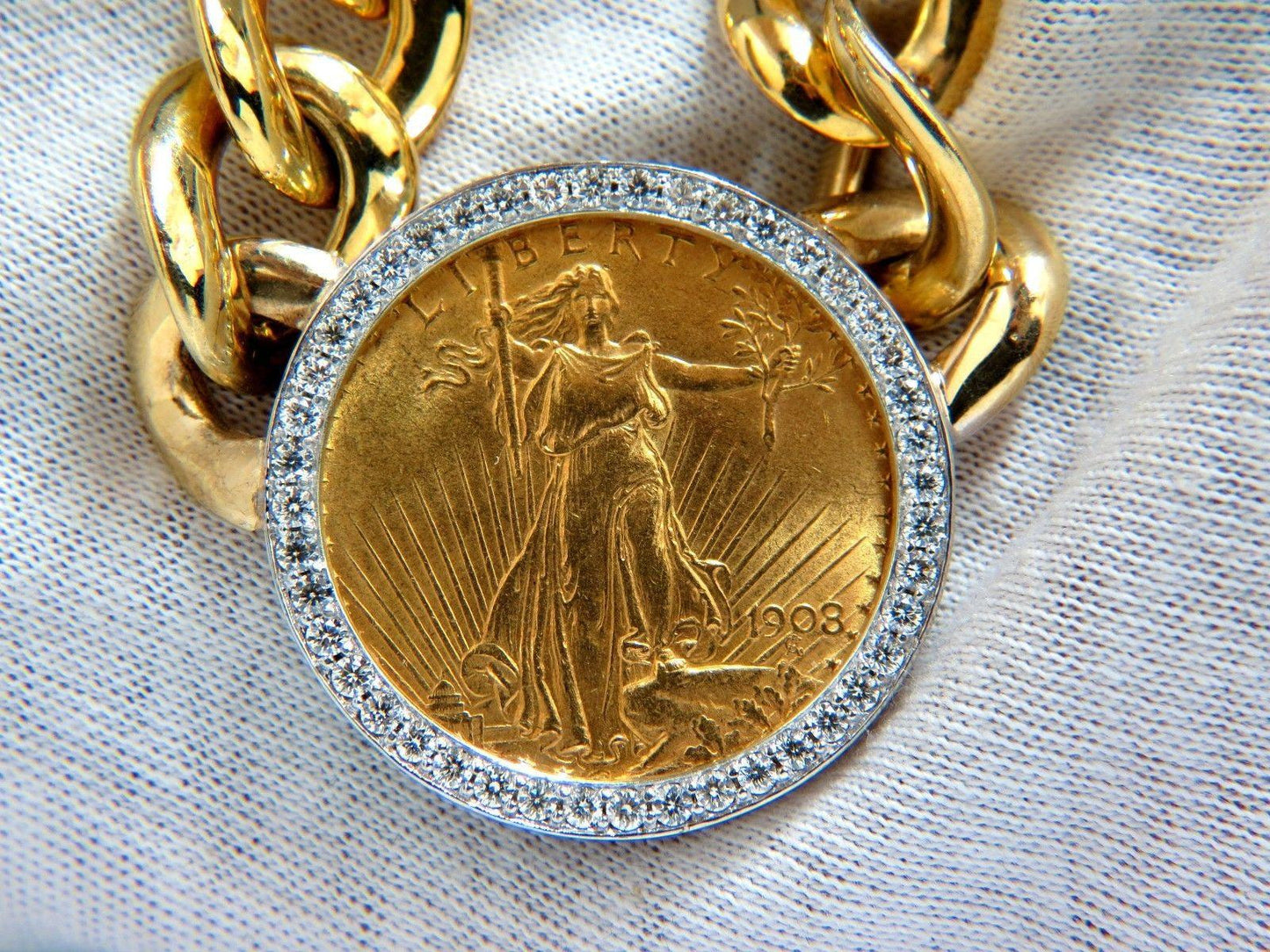 1908 LIBERTY FINE GOLD COIN 2.00CT DIAMONDS LINK NECKLACE 10286**