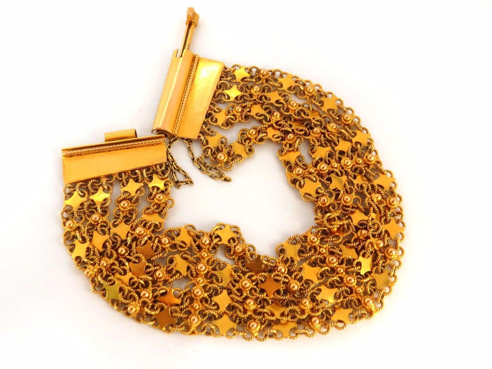 18kt. yellow gold vintage wide caliber bracelet mesh Hinged linked beads 7.50