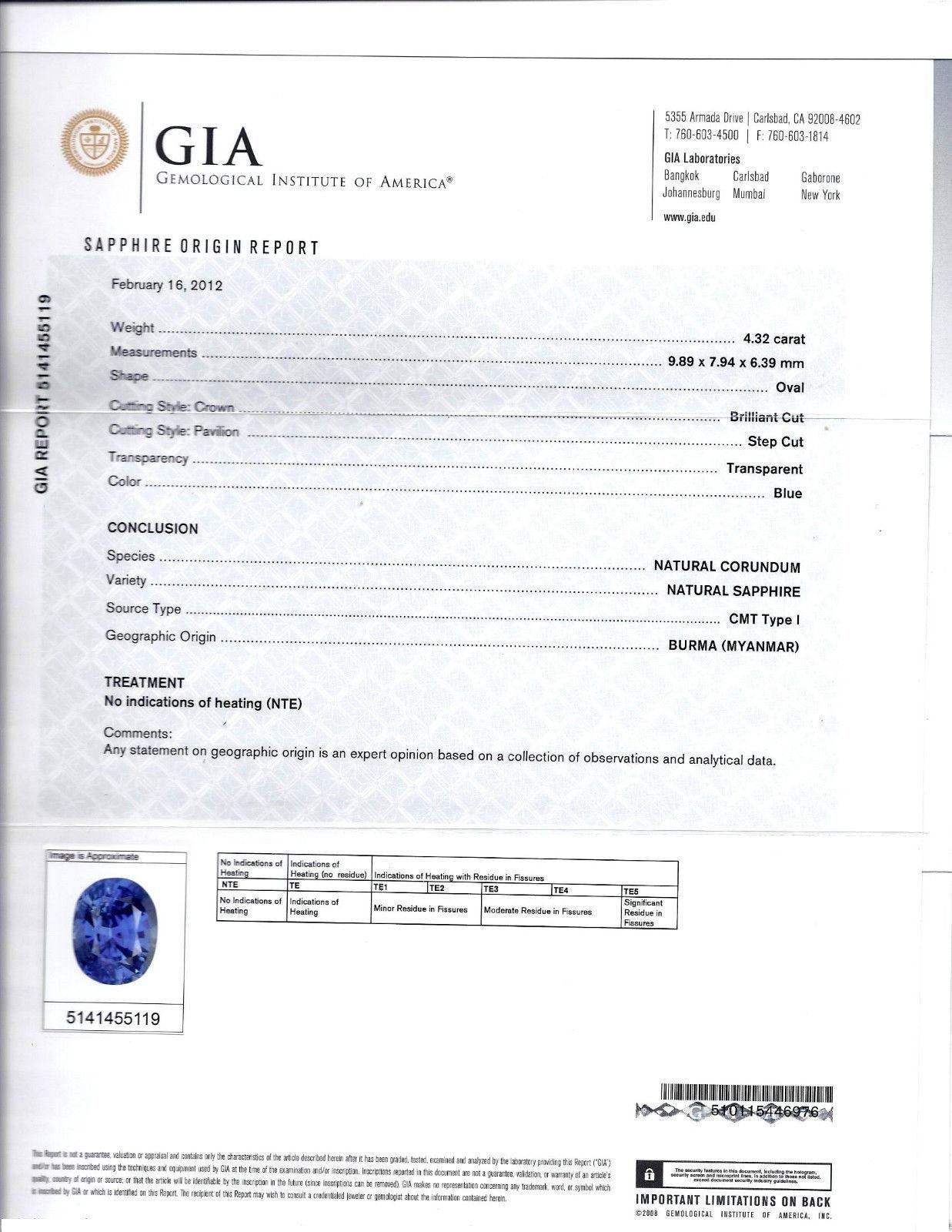 GIA Certified 4.32ct No Heat Sapphire Diamonds Ring 14kt gold 10044