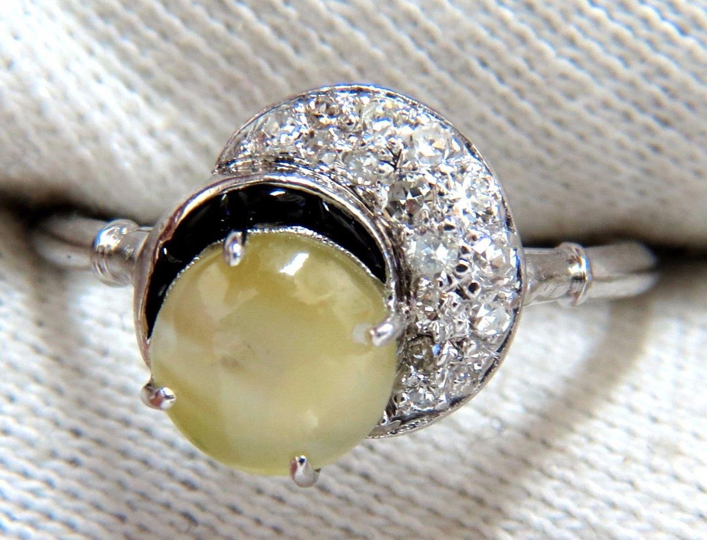 1.85ct natural cabochon chrysoberyl cats eye diamonds ring 14kt Vintage 10683**