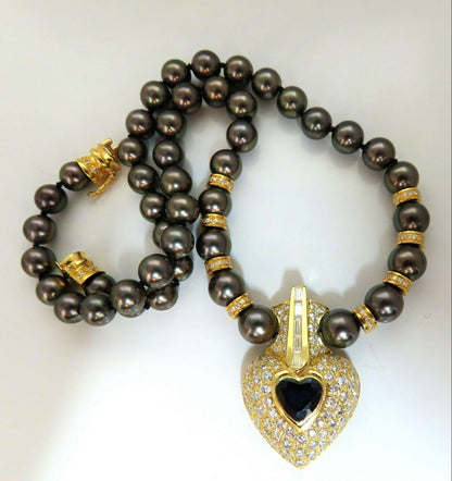 6.40ct Natural Heart Blue Sapphire Diamonds Tahitian Pearls Necklace 18 karat**
