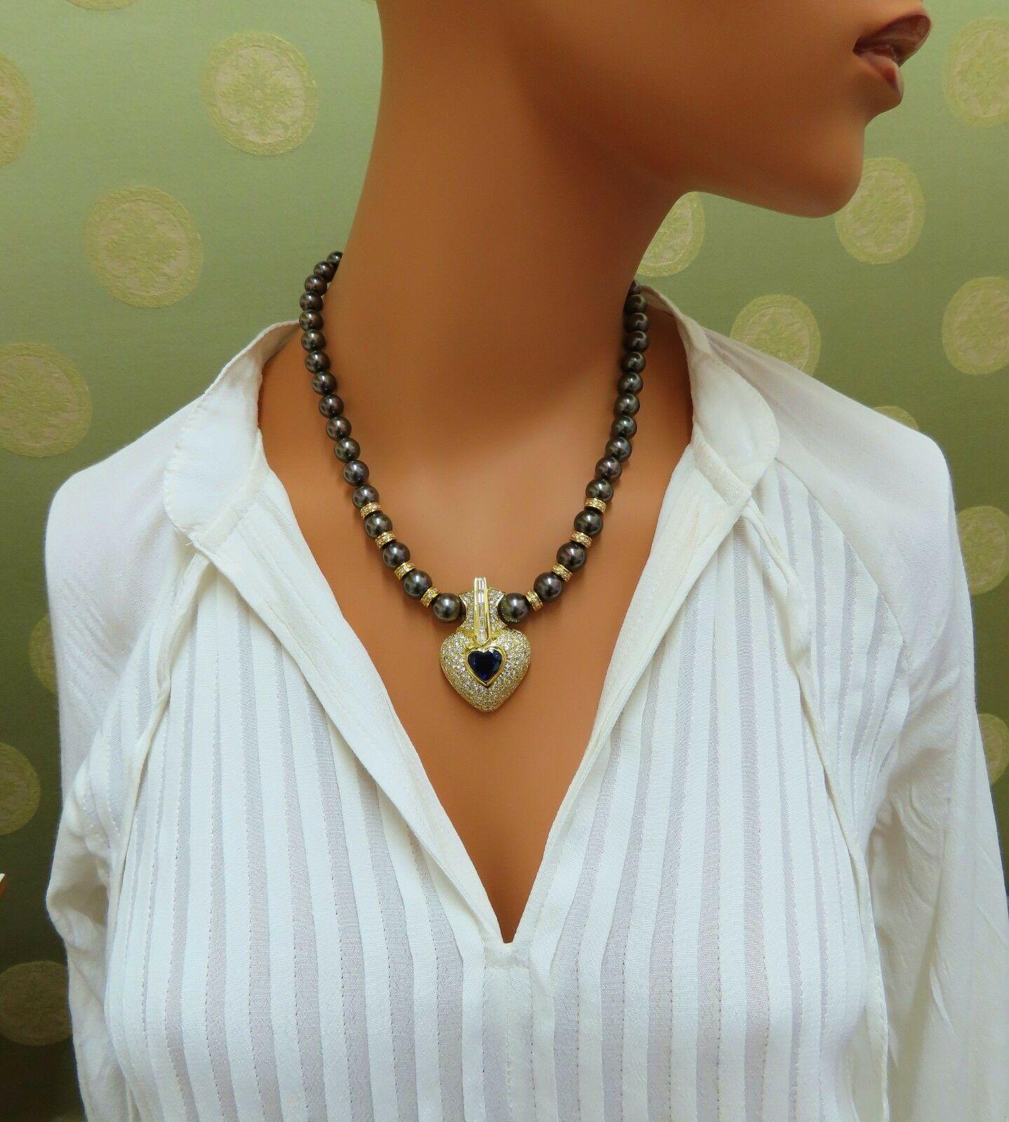 6.40ct Natural Heart Blue Sapphire Diamonds Tahitian Pearls Necklace 18 karat**