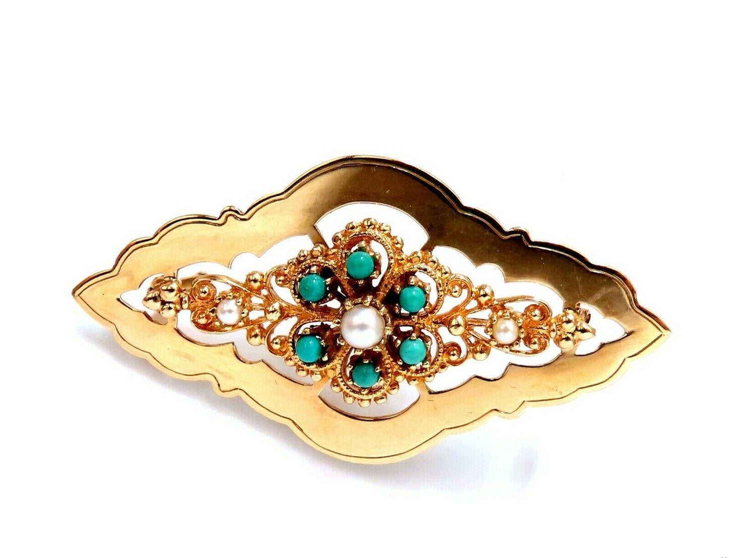 Natural Turquoise & Seed Pearl Open Gilt Etching Patterned Pin 14 Karat *v