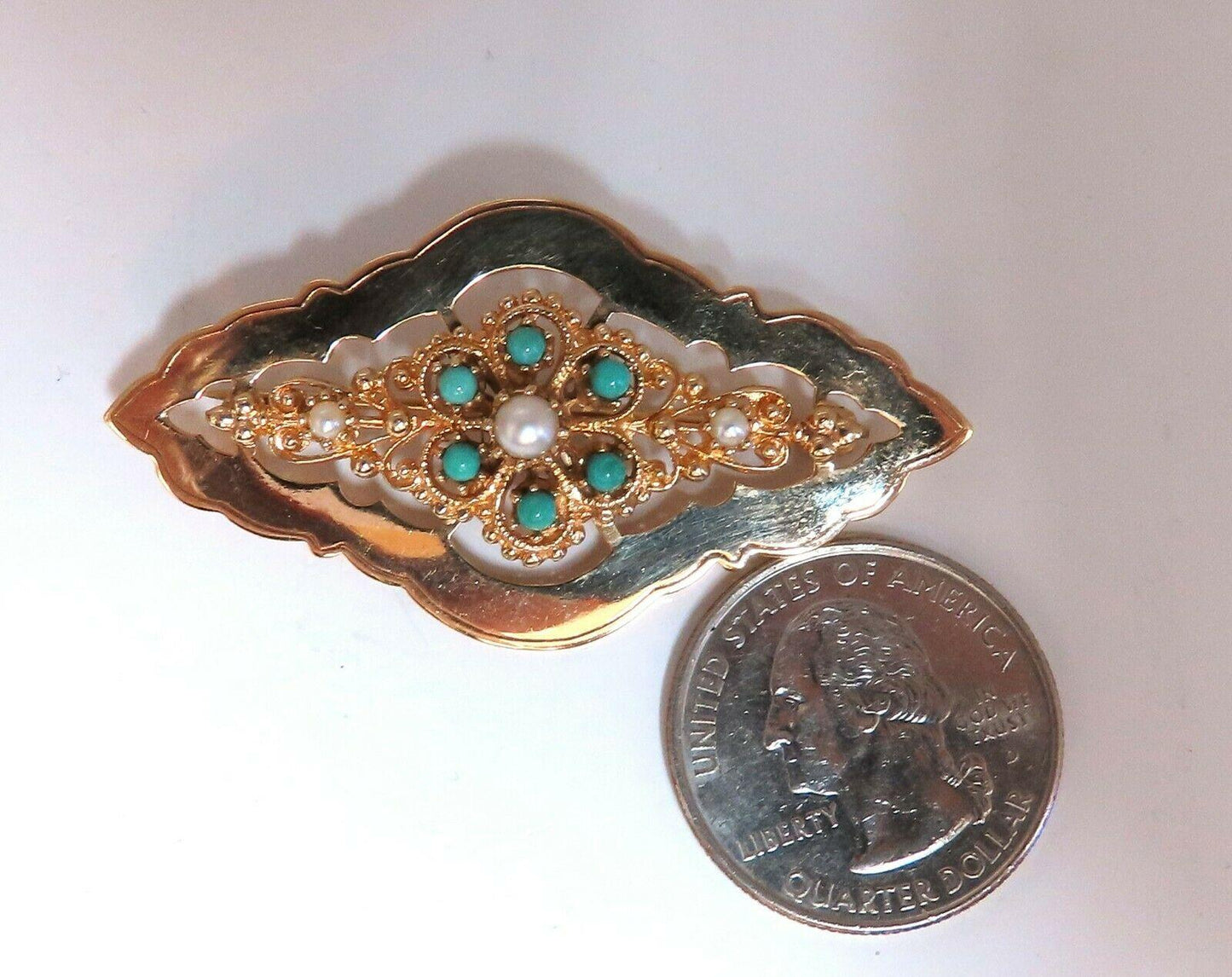 Natural Turquoise & Seed Pearl Open Gilt Etching Patterned Pin 14 Karat *v