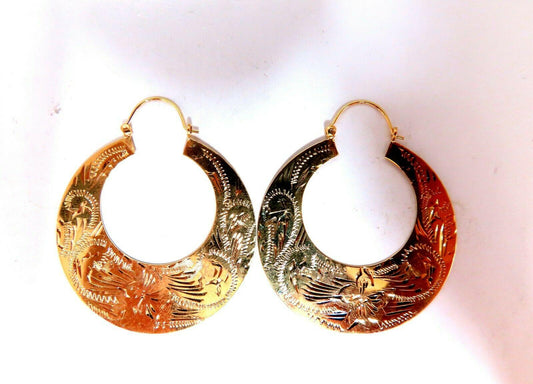 Tibetan Crescent Carved Gold Earrings 14kt 1.6 inch *v
