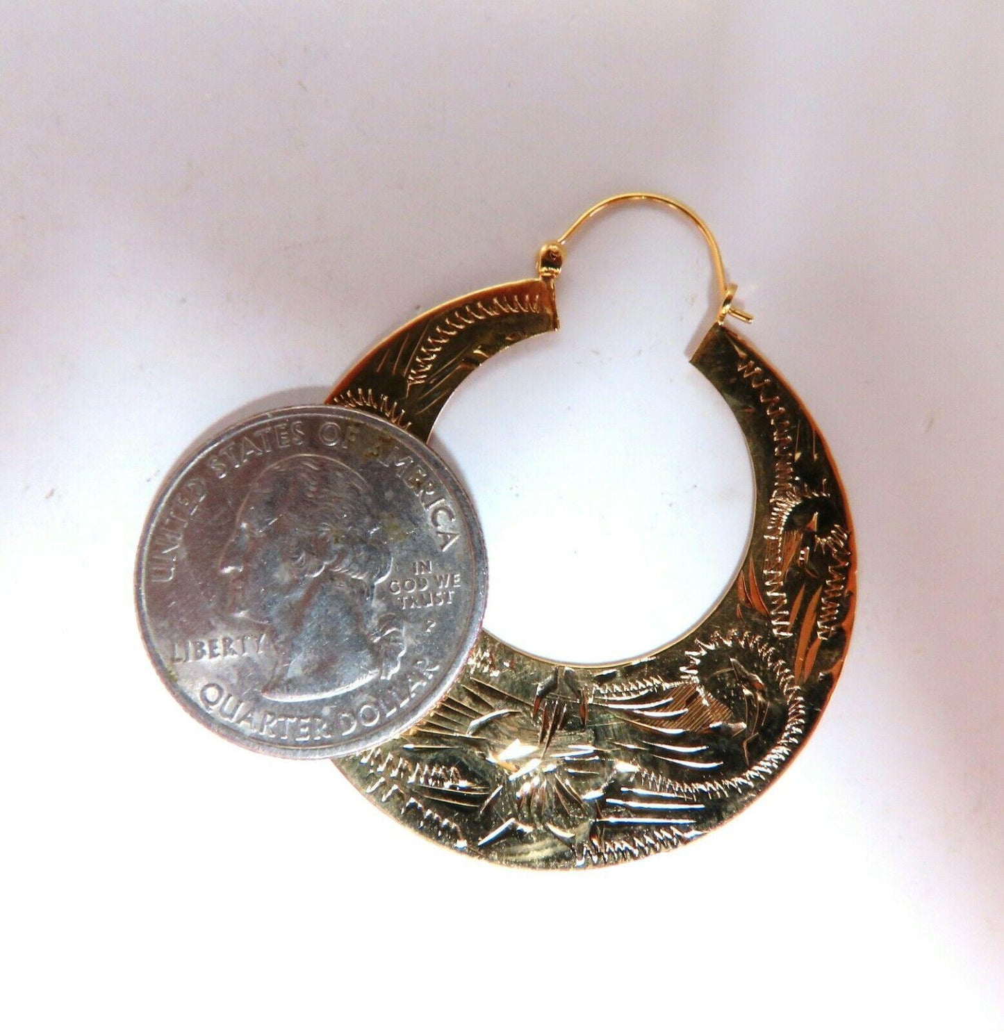 Tibetan Crescent Carved Gold Earrings 14kt 1.6 inch *v