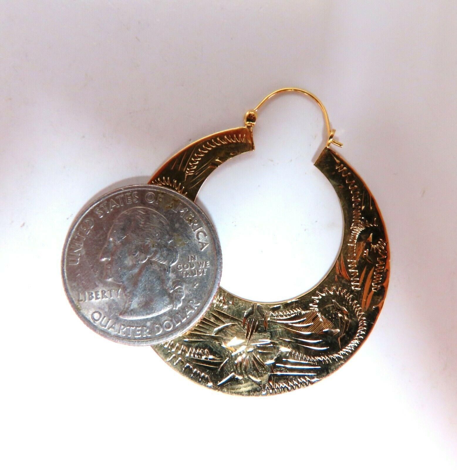 Tibetan Crescent Carved Gold Earrings 14kt 1.6 inch *v