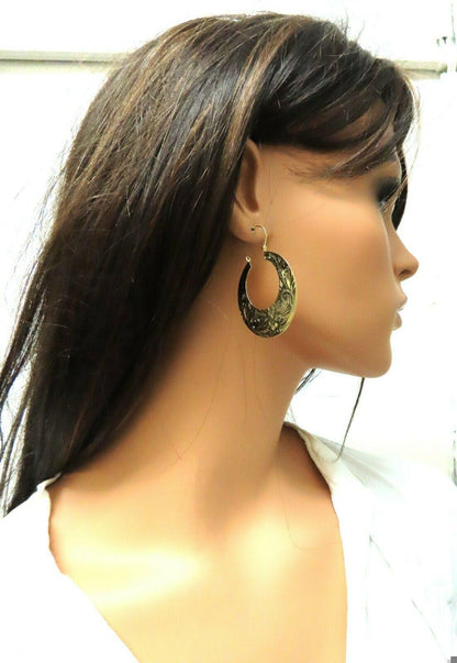 Tibetan Crescent Carved Gold Earrings 14kt 1.6 inch *v