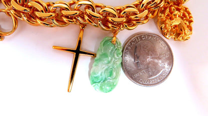 14kt 10 Charm Bracelet Fairy Horn Irish Lock Cross Jade Mary Slipper Heart Dice
