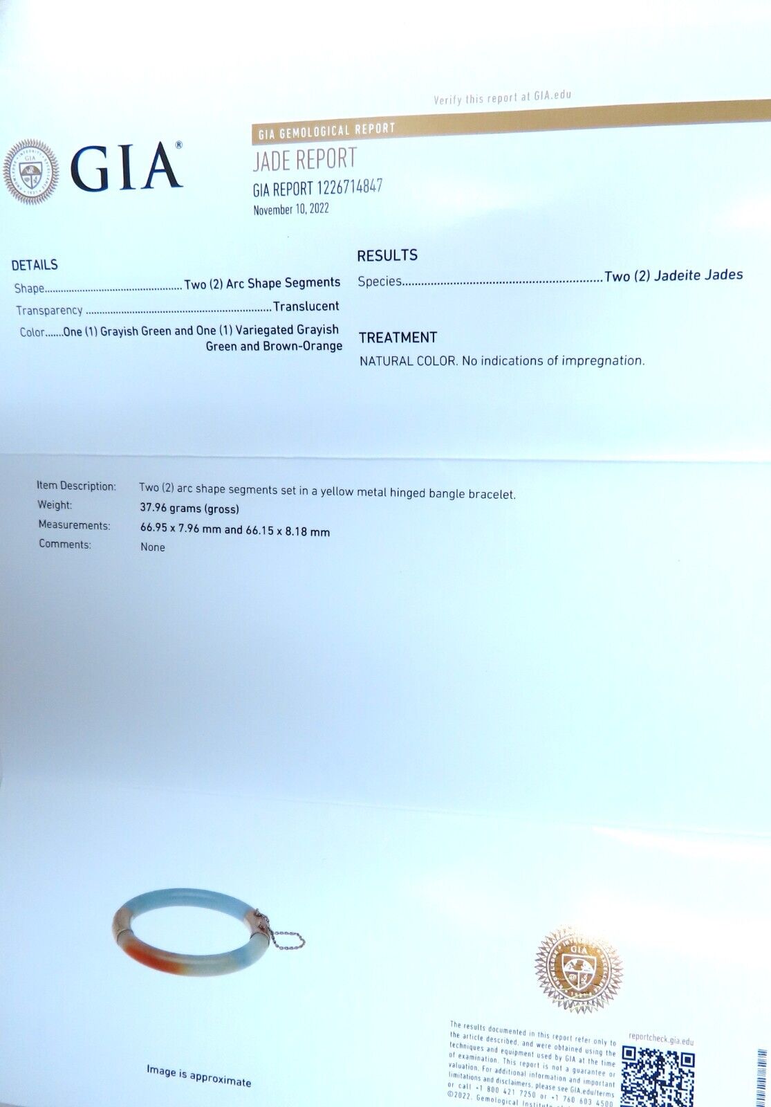 GIA Certified Natural Jade Bangle Bracelet 14kt