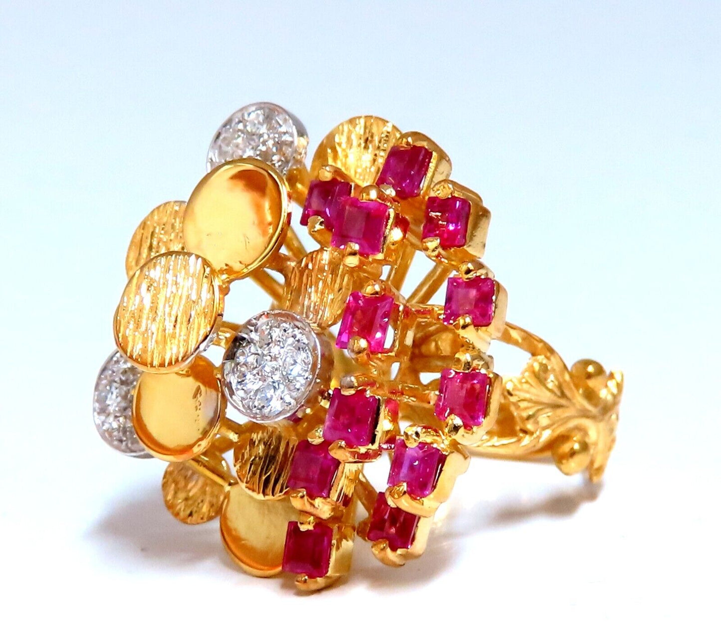 1.30Ct Natural Ruby Diamonds Layered Cluster Statement Ring 14kt