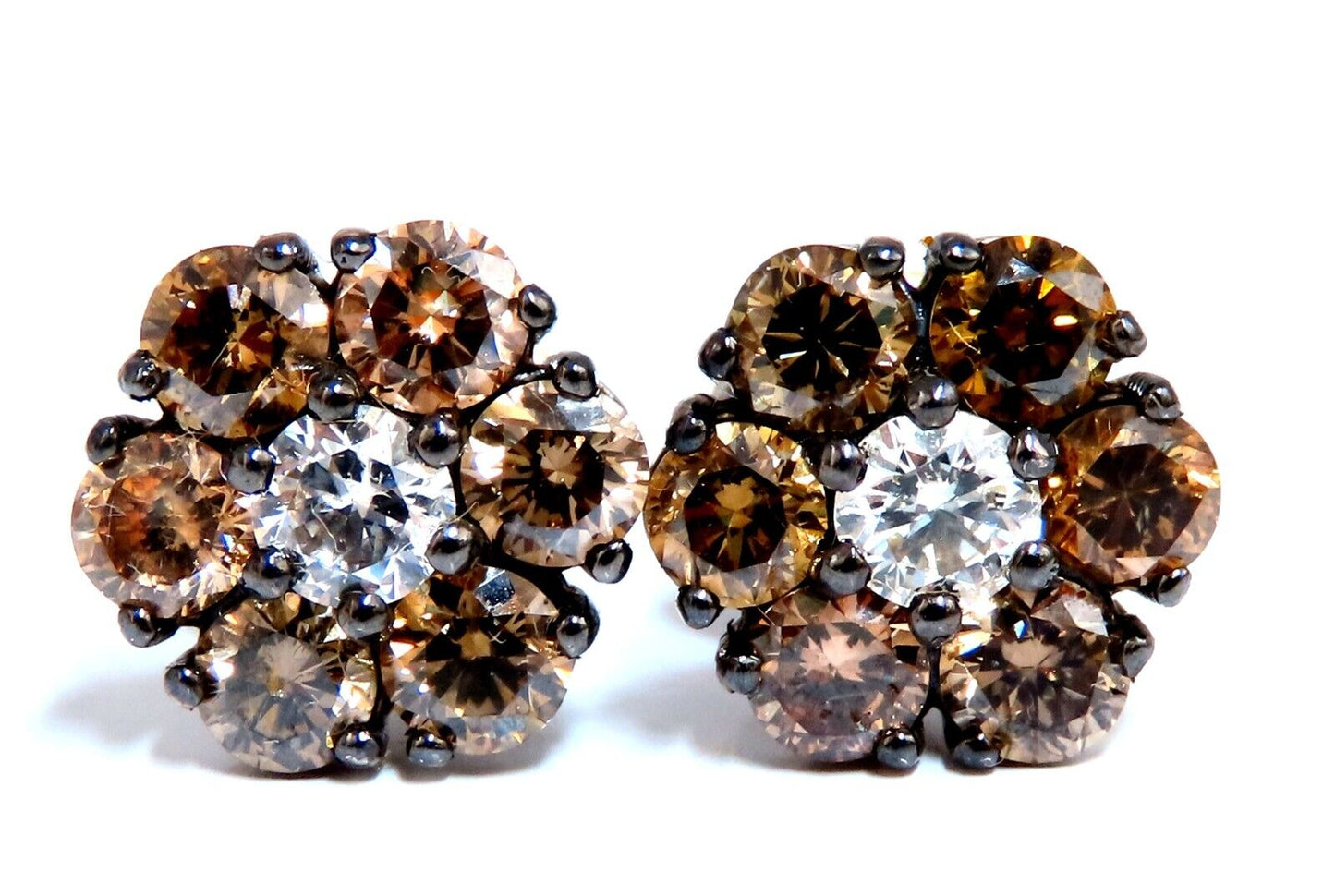 2.71ct. natural round diamond cluster earrings 14 karat Fancy Browns