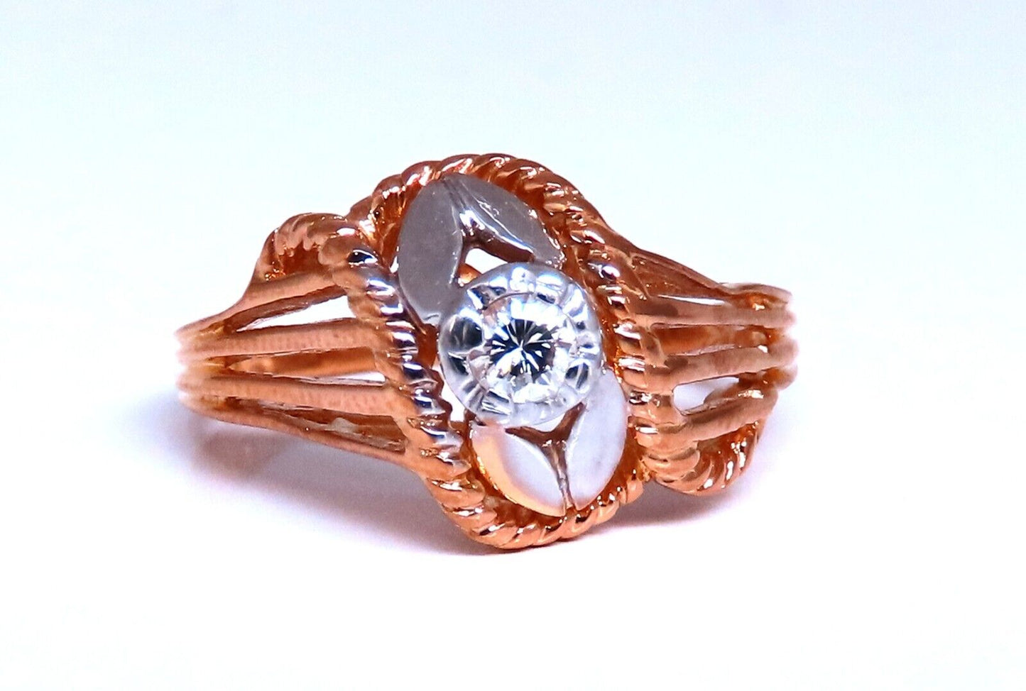 Restored Vintage Natural Diamond Petal Tulip Deco Ring .12ct 14kt gold