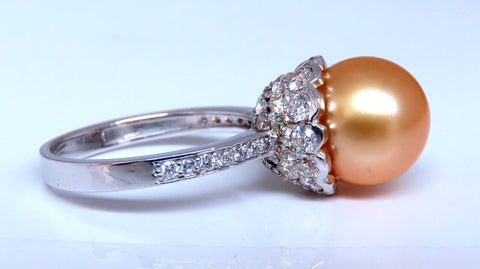 10.3mm Natural Golden South Seas Pearl Diamonds Rings 14kt