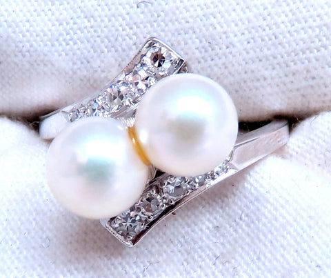 6.5mm Natural White Cultured Pearl Diamonds Rings 14kt