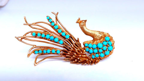 18kt Gold Natural Turquoise Peacock Pin Vintage