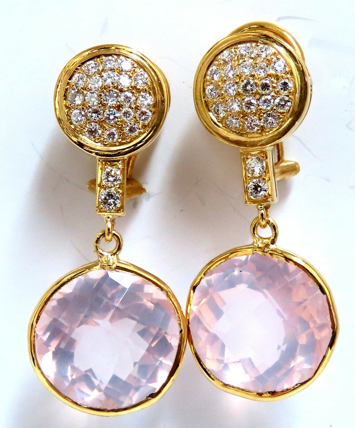 30.33ct Natural Rose Quartz Diamond Dangle Earrings 18 Karat Pink Flash *v