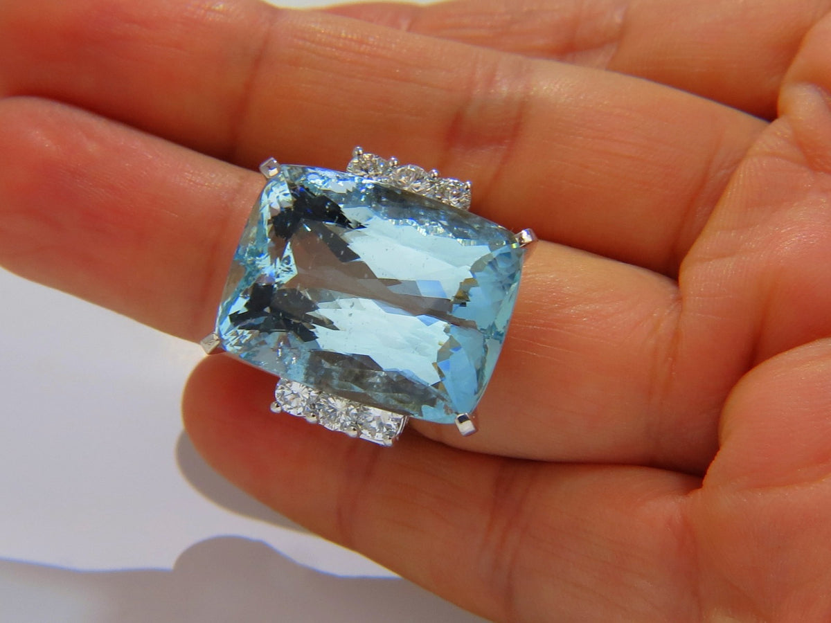 GIA CERTIFIED 39.10ct NATURAL CUSHION CUT AQUAMARINE DIAMONDS RING 14kt *v