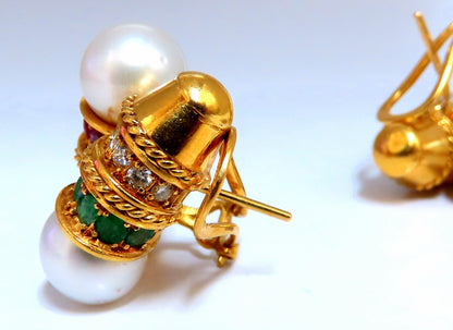 3ct Natural Ruby Emerald Sapphire Pearl clip Earrings 18kt *v