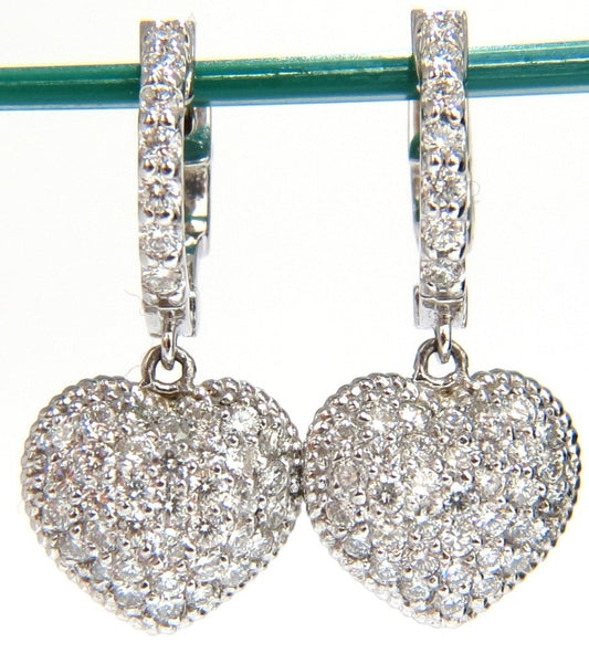 1.30ct dangling hearts on hoop diamonds earrings 14kt g/vs locking lever *v