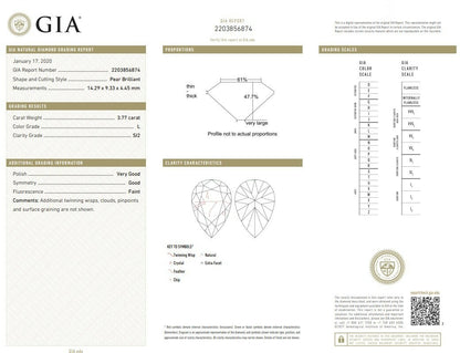 GIA Certified 3.77ct Pear Shape Natural Diamond Ring Platinum Classic *v