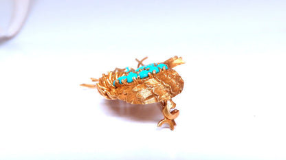 18kt Gold Natural Turquoise Peacock Pin Vintage *v