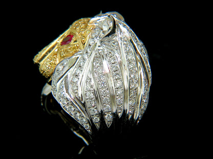 18KT ITALY UNISEX HUGE 3.40CT NATURAL DIAMONDS RUBY LION RING *v