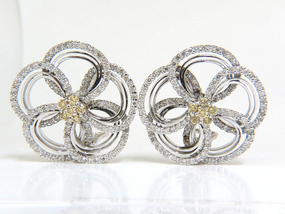 2.40CT NATURAL YELLOW DIAMONDS 3D FLOWER CLUSTER EARRINGS 14KT GOLD *v