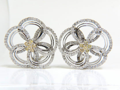 2.40CT NATURAL YELLOW DIAMONDS 3D FLOWER CLUSTER EARRINGS 14KT GOLD *v