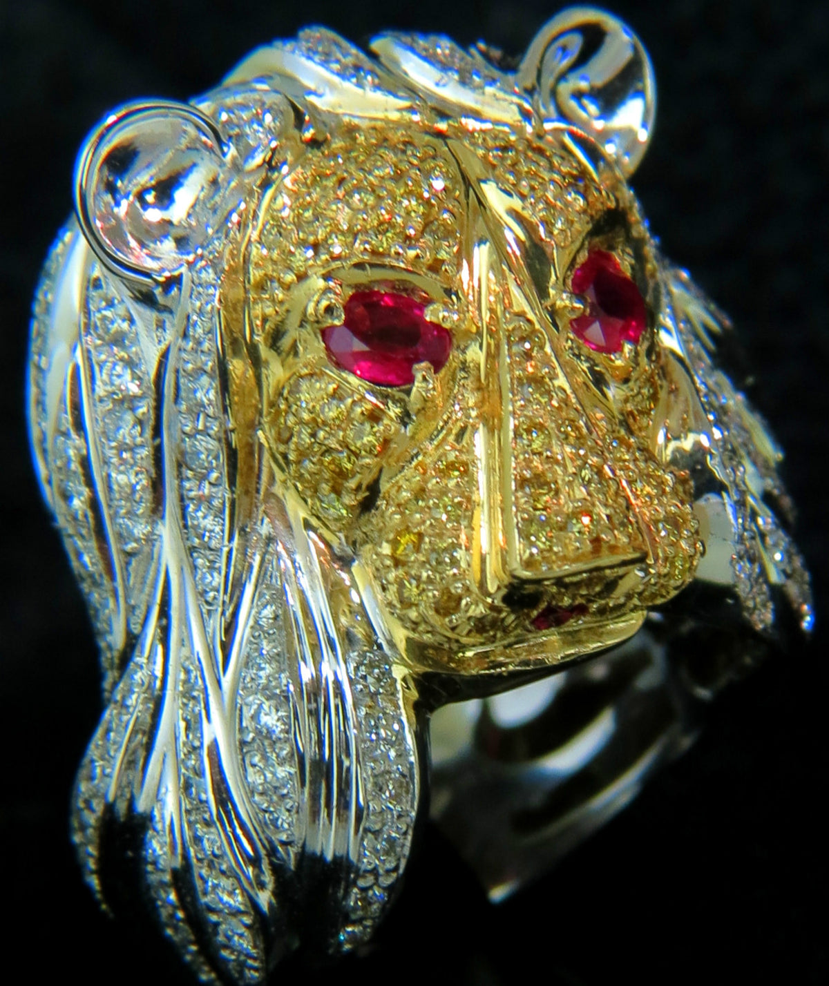 18KT ITALY UNISEX HUGE 3.40CT NATURAL DIAMONDS RUBY LION RING *v