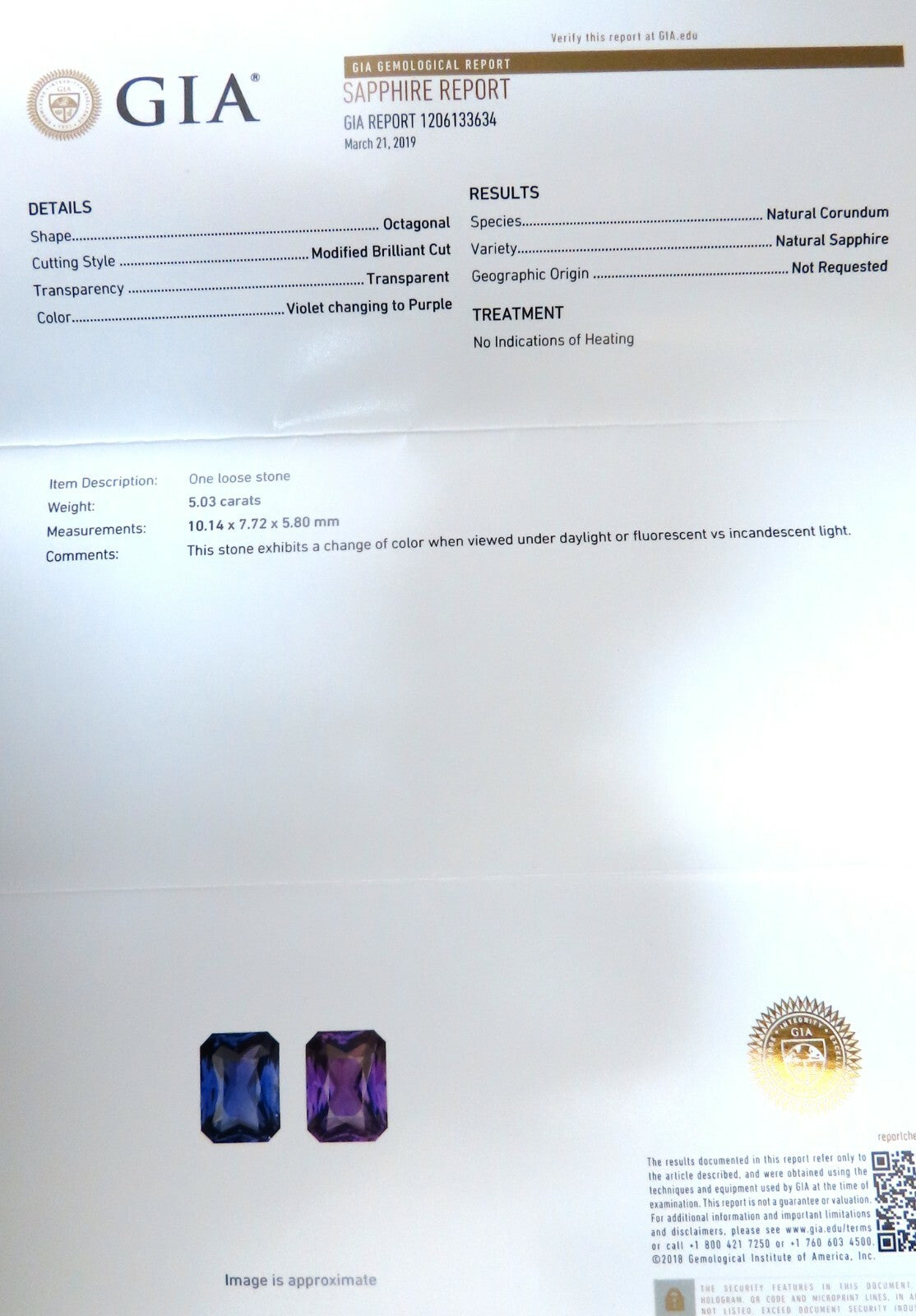 GIA Certified 5.03ct Natural No Heat Color change Purple Violet Sapphire Ring *v