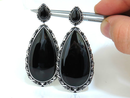 18KT GOTHIC SAXON REVIVAL GILT DECO NATURAL JET BLACK ONYX DANGLE EARRINGS *v