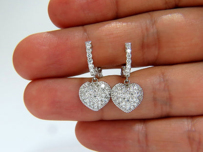 1.30ct dangling hearts on hoop diamonds earrings 14kt g/vs locking lever *v