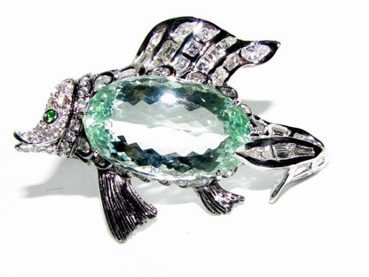 GIA 57.37CT NATURAL GREEN BERYL FISH BROOCH PENDANT 18kt *v
