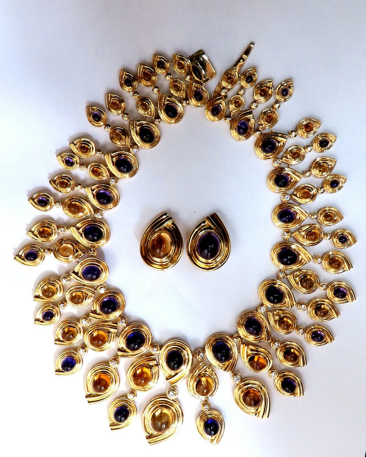147ct Natural Amethyst Citrine Diamonds Necklace Earrings Magnificent 18kt  *v