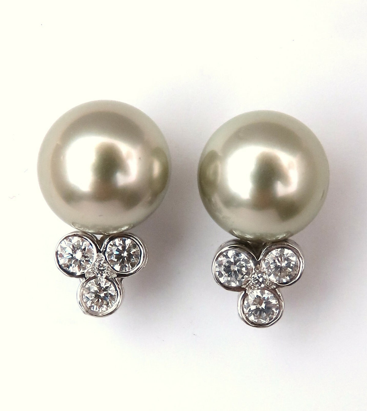 10.2mm pistachio Tahitian Pearls .60ct Diamonds Stud Earrings 14kt Gold *v