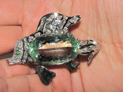 GIA 57.37CT NATURAL GREEN BERYL FISH BROOCH PENDANT 18kt *v