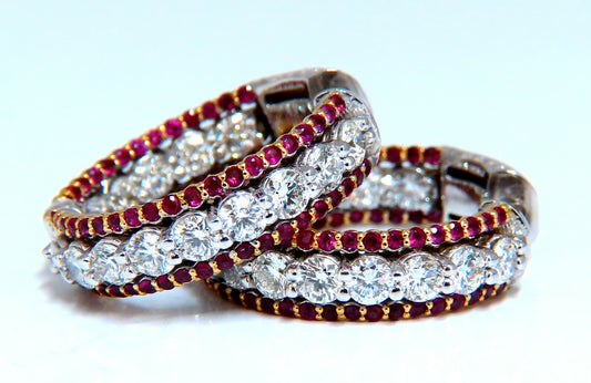 4.24ct natural red ruby diamond hoop earrings 14kt gold three row Intricate *v