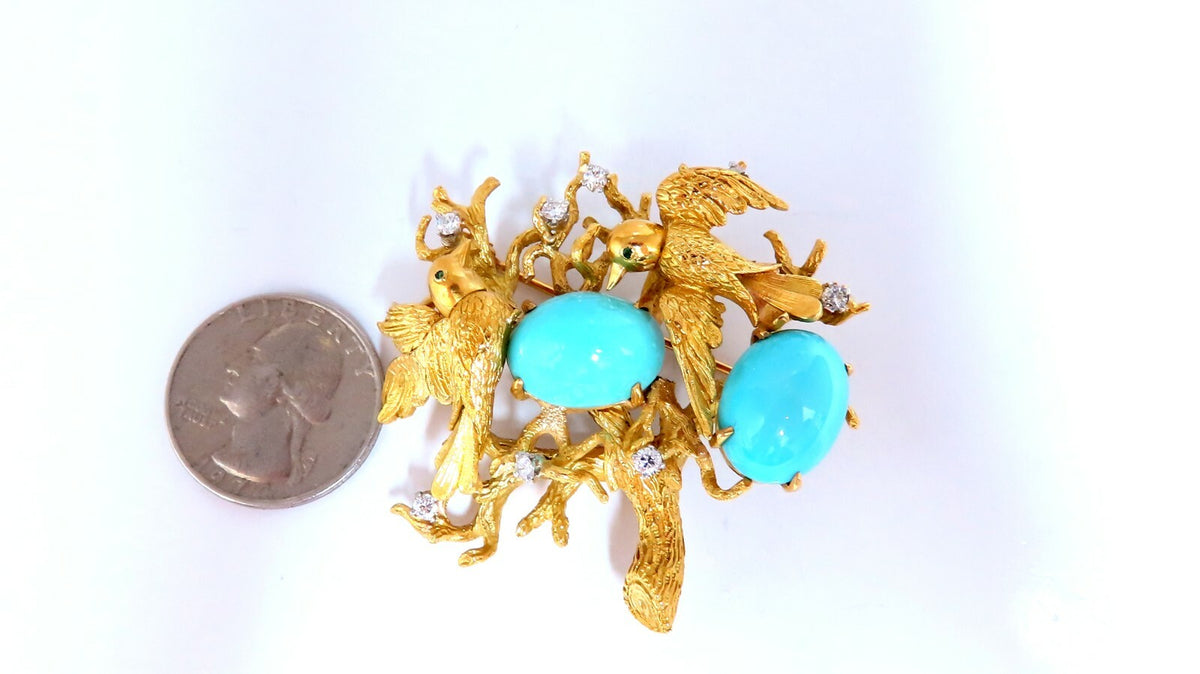Vintage Bird Nest Eggs 20ct Turquoise 18kt Brooch High Intricate *v