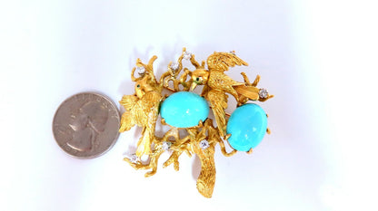 Vintage Bird Nest Eggs 20ct Turquoise 18kt Brooch High Intricate *v