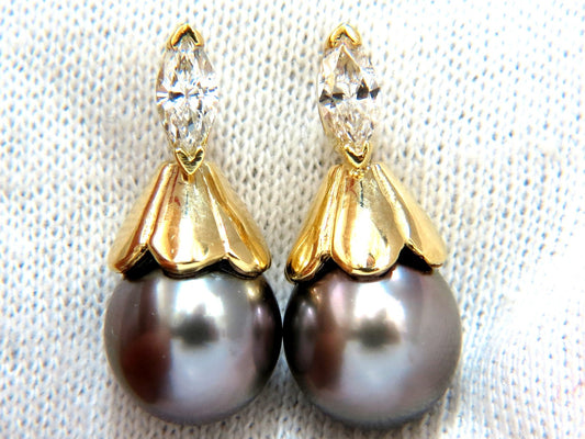 10mm natural Tahitian pearl & .80ct diamonds drop cap earrings 14kt *v