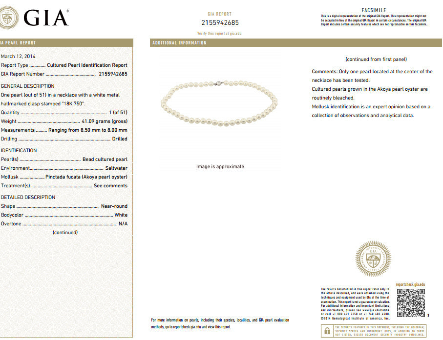 GIA 8.5mm NATURAL AKOYA WHITE PEARLS NECKLACE 14KT GOLD BALL CLASP 18 inch *v