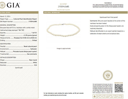 GIA 8.5mm NATURAL AKOYA WHITE PEARLS NECKLACE 14KT GOLD BALL CLASP 18 inch *v